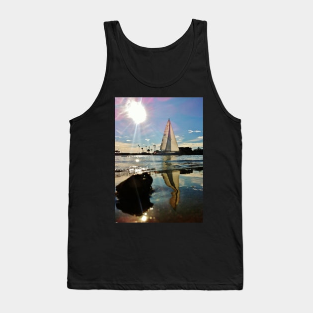 White Sailboat Reflecting in the Sparkling Glassy Water Tank Top by 1Redbublppasswo